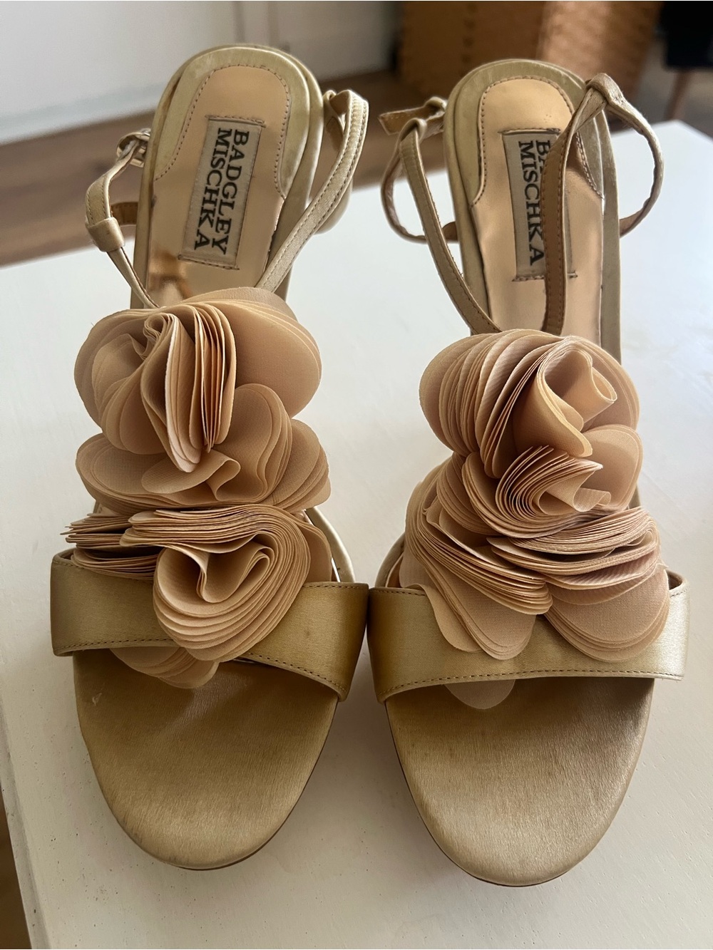 Badgley Mischka Randee Champagne Floral-Embellished Open-Toe Heels - Picture 4 of 8